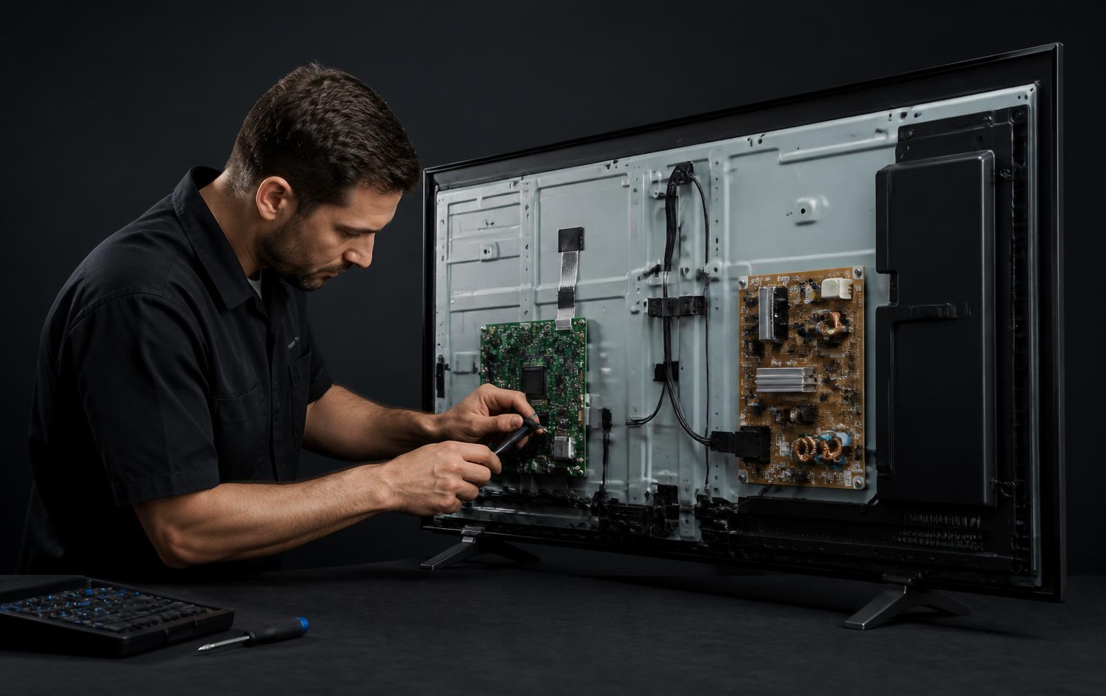 Engineer repairing the main board of a Sony LED TV at a service centre workbench